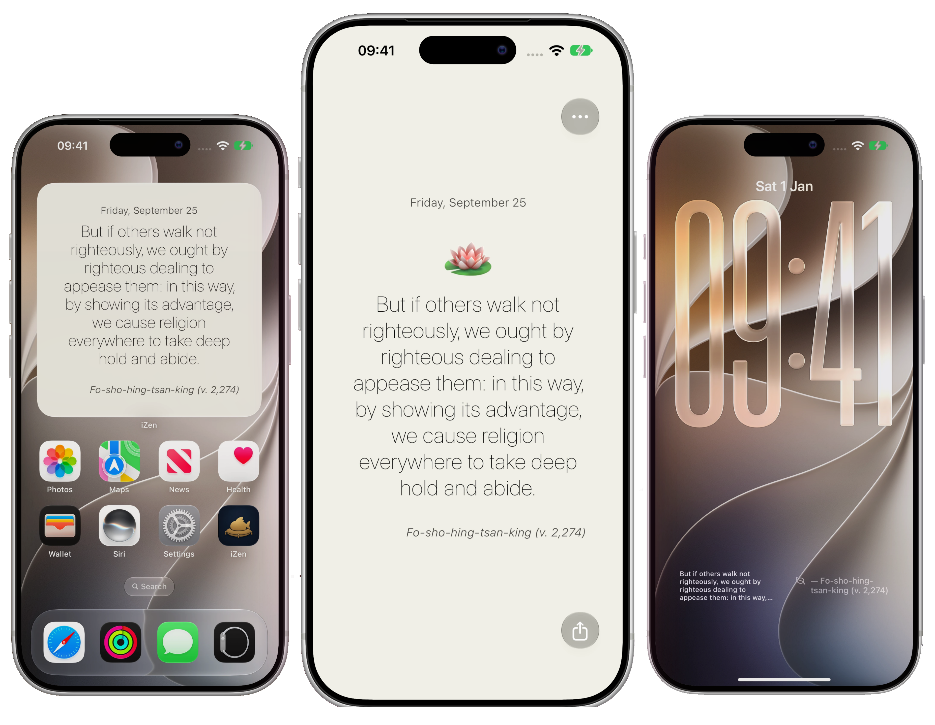 iZen shown as a notification, a Lock Screen widget, and the daily quote screen on iPhone